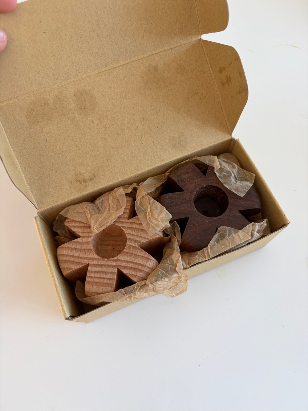 Handmade Wooden Flower Tealight Holders Set - Natural & Dark Brown